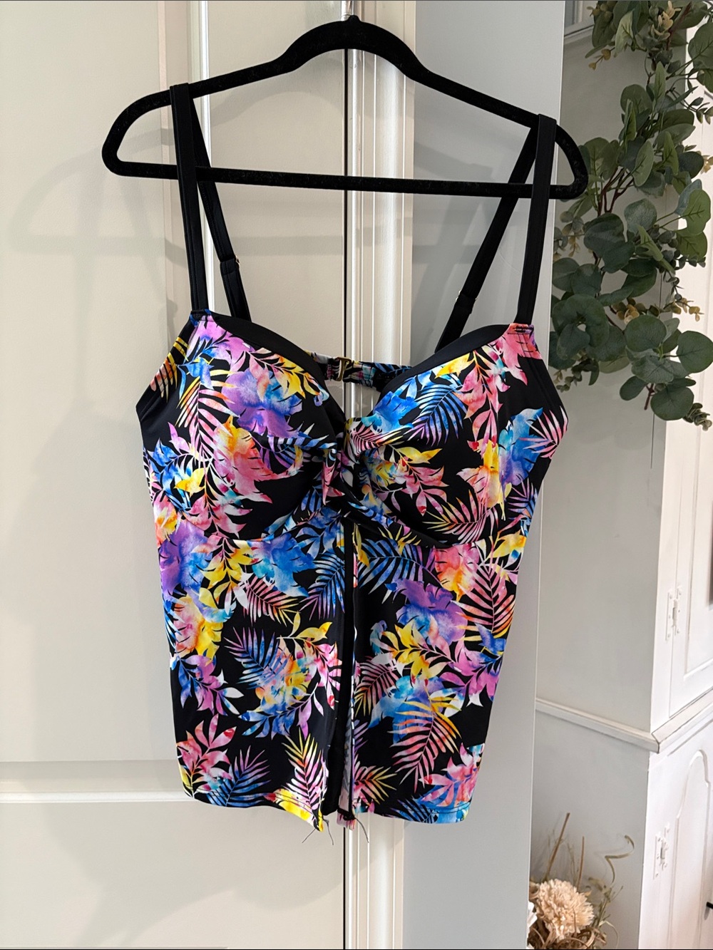 Tropical Floral Swim Camisole Top - Black/Multi
